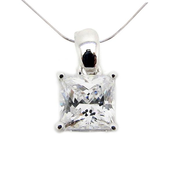 Princess 2 carat (5.5x5.5mm) Diamond Simulant 4 Prong Plain Clasp Pendant in Silver with White Gold Plating by Desert Diamonds