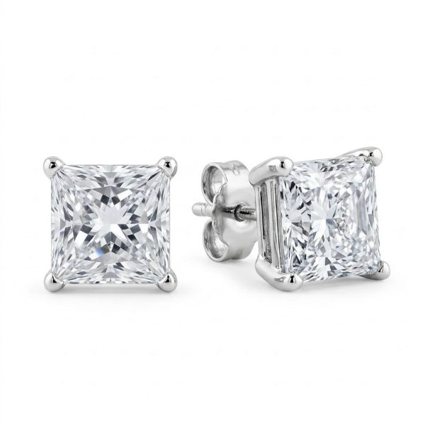 3ct Princess Cut, 4 Prongs, Solitaire, Stud Earring