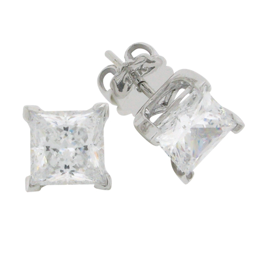 Princess 3 carat 6.5 x 6.5 millimeter Diamond Simulant 4-prong set Stud Earrings Sterling Silver