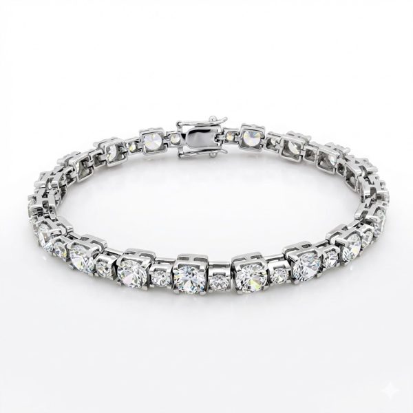 Alternating round brilliant tennis bracelet set with signature diamond simulants in polished white metal, featuring a secure box clasp.