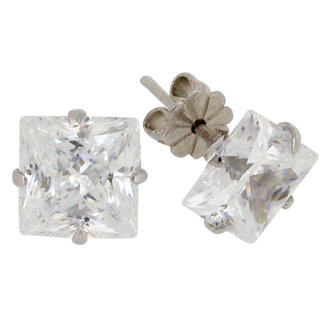 Princess 6 carat  8 x 8 millimeter Diamond Simulant 4-prong set Stud Earrings in Silver