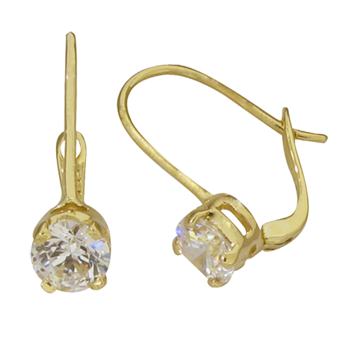 BRILLIANT CUT 5.25 millimeters diamond simulant PRONG SET HOOK DROP EARRINGS in solid 14 or 18 carat yellow gold