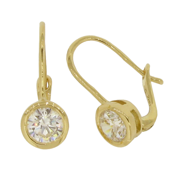 Brilliant Cut 5.25 millimeter diamond simulant in a Bezel Set Hook Drop Solid Yellow 18 and 14 carat Gold Earrings