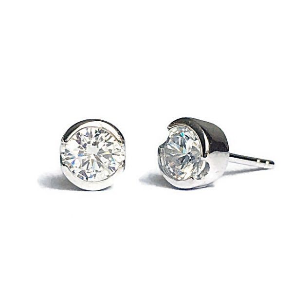 Semi-Bezel-Set-Diamond-Solitaire-Stud-Earrings-silver-white-yellow-rose-gold-plating