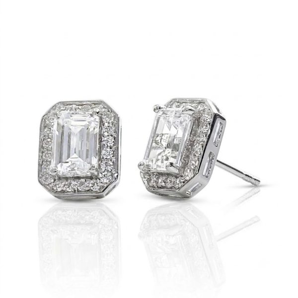 Emerald Cut and Round Halo Earrings