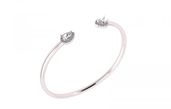 Pear-Shape Halo Cuff Open.   Crafted in sterling silver with rhodium plating, this clever design features two striking pear shaped halo settings at both ends of bypass.  Easy and elegant, this flexible bangle bracelet is a great anytime look.