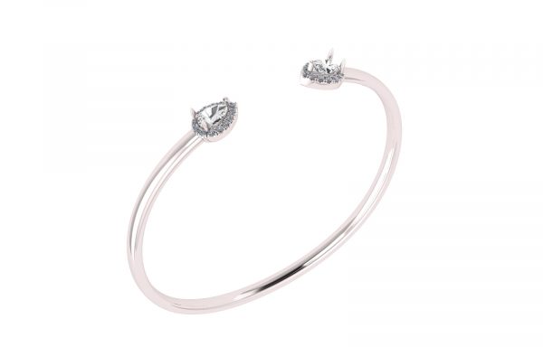 Pear-Shape Halo Cuff Open.   Crafted in sterling silver with rhodium plating, this clever design features two striking pear shaped halo settings at both ends of bypass.  Easy and elegant, this flexible bangle bracelet is a great anytime look.