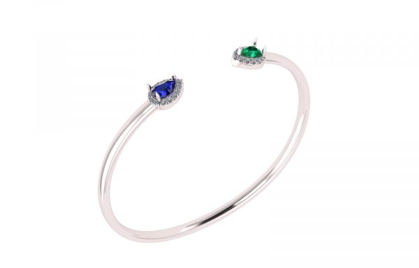 Pear-Shape Halo Cuff Open.   Crafted in sterling silver with rhodium plating, this clever design features two striking pear shaped halo settings at both ends of bypass.  Easy and elegant, this flexible bangle bracelet is a great anytime look.