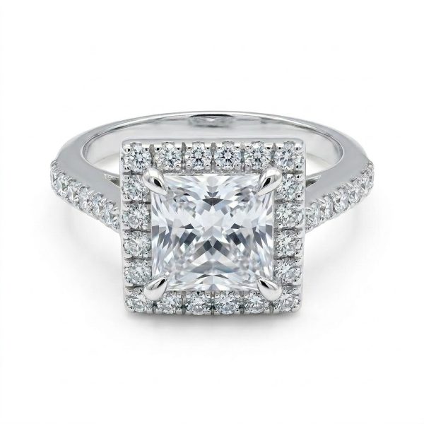 Princess Cut Halo Diamond Simulant Engagement Ring