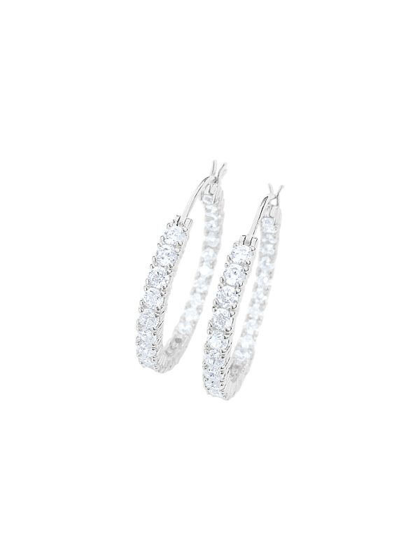 These classic hoop earrings feature 3mm round lab created diamond simulants.  Crafted in sterling silver with rhodium plating, these hoops measure 3cm in diameter and are perfect for a night on the town or everyday wear.