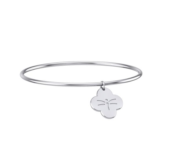 Charming 925 Sterling Silver clover charm on a tubular bangle, engraved with The Wild Charm’s signature damsel. A timeless blend of elegance and nature.