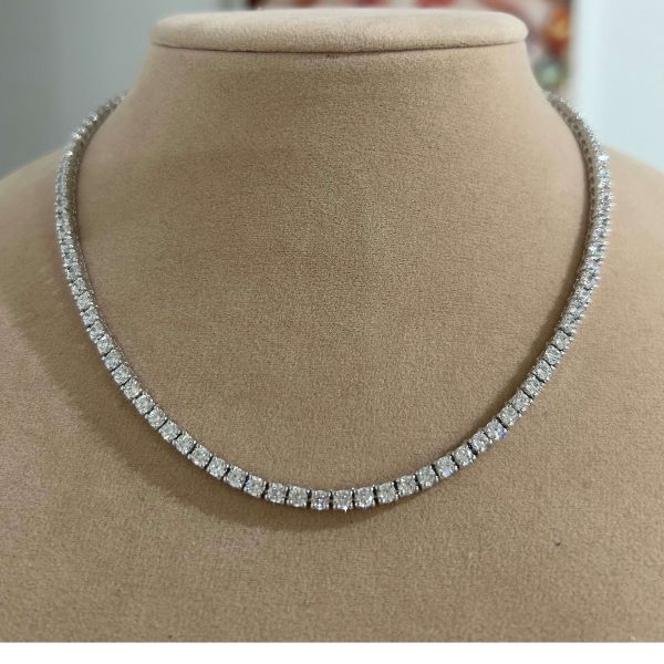 Tennis Necklace with 102 prong-set, 3mm brilliant-cut lab-created diamond simulants in rhodium-plated sterling silver, featuring a regular clasp with side safety clasp, available in 14" and 16" lengths.