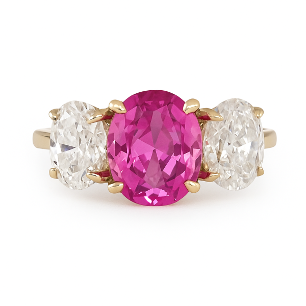 Ring with dark pink 8x10mm oval center stone and two 6x8mm diamond simulant ovals, prong-set in sterling silver with 14k yellow gold plating.